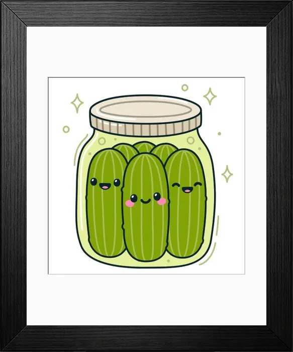 Framed Print : Jar of dill pickles with kawaii smiling faces, cute hand drawn cartoon style. Vector illustration Framed Print : Jar of dill pickles with kawaii smiling faces, cute hand drawn cartoon style. Vector illustration