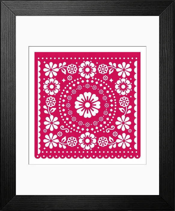 Framed Print : Papel Picado vector square design wit flowers, Mexican cutout paper garland decoration in pink on white background Framed Print : Papel Picado vector square design wit flowers, Mexican cutout paper garland decoration in pink on white background