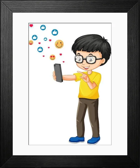 Framed Print : Nerdy boy using smartphone with social media emoji icon cartoon style isolated on white background illustration Framed Print : Nerdy boy using smartphone with social media emoji icon cartoon style isolated on white background illustration