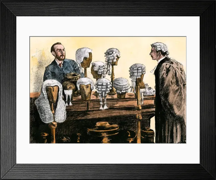 Framed Print : Lawyer selecting the proper wig for appearance in court, London, 1800s. Hand-colored woodcut Framed Print : Lawyer selecting the proper wig for appearance in court, London, 1800s. Hand-colored woodcut