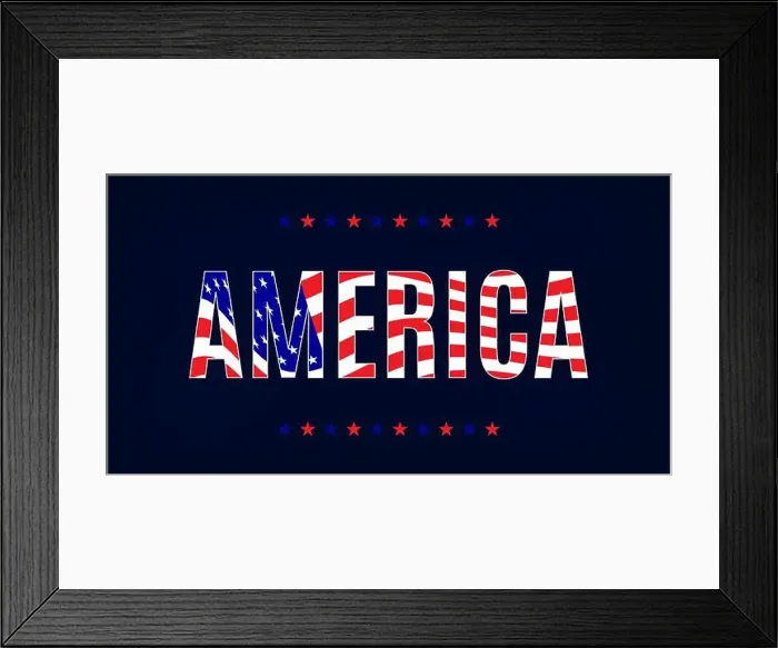 Framed Print : America word on dark background. Stylized American banner illustration for design Framed Print : America word on dark background. Stylized American banner illustration for design