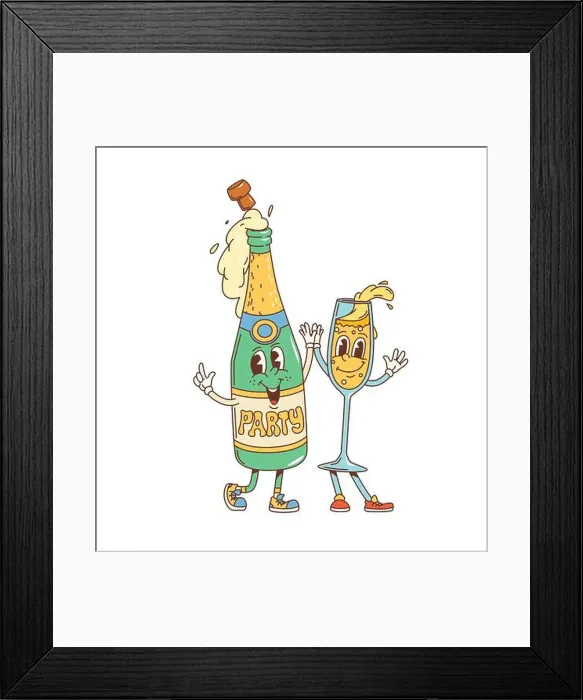 Framed Print : Retro cartoon groovy champagne characters celebrate party Framed Print : Retro cartoon groovy champagne characters celebrate party