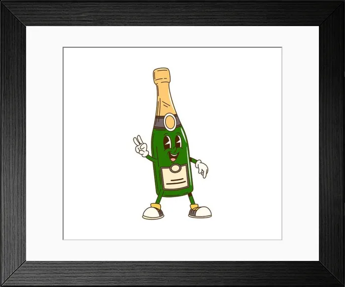 Framed Print : Cartoon groovy champagne bottle character flashing a peace sign Framed Print : Cartoon groovy champagne bottle character flashing a peace sign