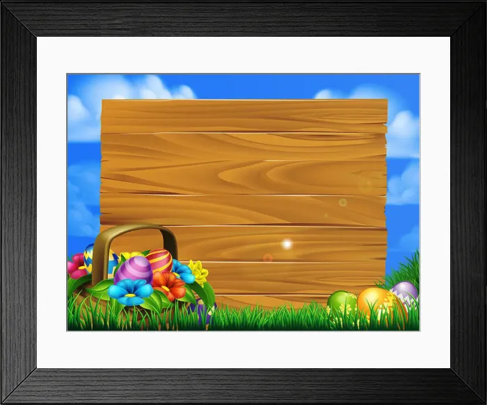 Framed Print : Cartoon easter eggs basket sign scene with a basket of chocolate Easter eggs in a field with a big wooden sign Framed Print : Cartoon easter eggs basket sign scene with a basket of chocolate Easter eggs in a field with a big wooden sign