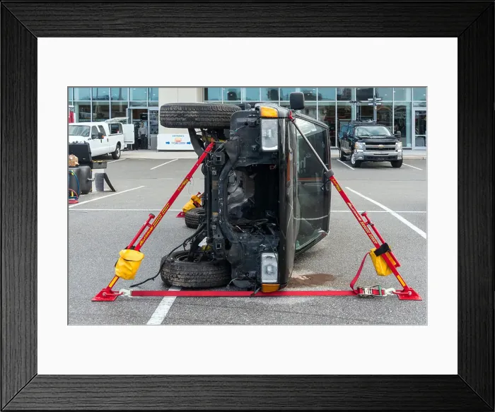 Framed Print : Deployed portable Junkyard Dog Nightmare Rescue Strut struts system supporting overturned car Framed Print : Deployed portable Junkyard Dog Nightmare Rescue Strut struts system supporting overturned car