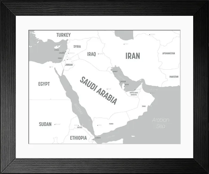 Framed Print : Middle East map - white lands and grey water Framed Print : Middle East map - white lands and grey water