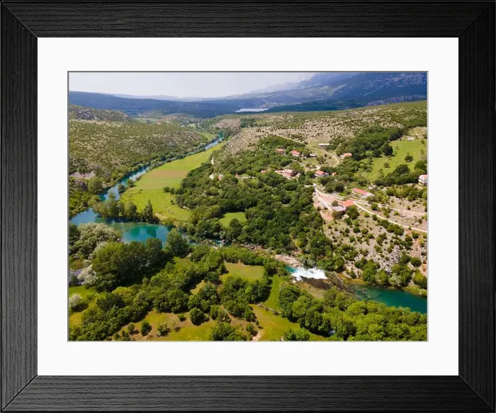 Framed Print : River landscape, drone shot, Zrmanja River, Bilisane, Obrovac, Zadar County, Croatia Framed Print : River landscape, drone shot, Zrmanja River, Bilisane, Obrovac, Zadar County, Croatia