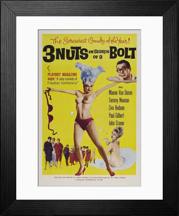 Framed Print : A vintage B-Movie X-Rated Adults Only film poster for 3 Nuts in Search of a Bolt