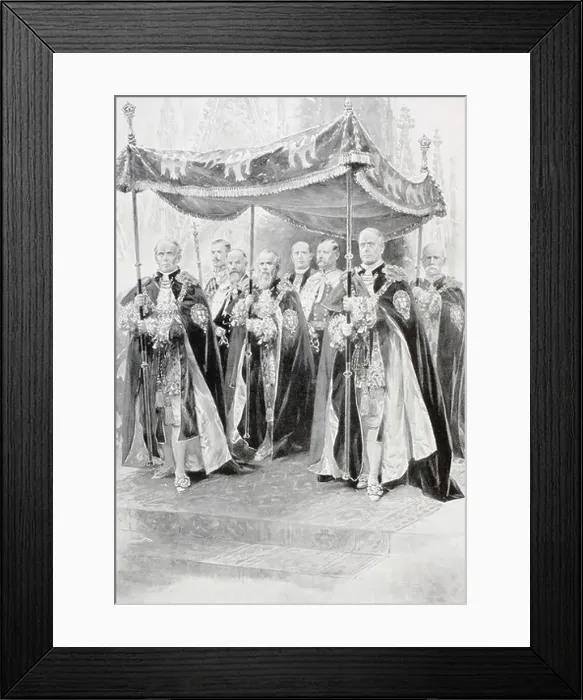 Framed Print : The Bearers of the Canopy over King George V, during the annointing at his coronation ceremony in 1910 Framed Print : The Bearers of the Canopy over King George V, during the annointing at his coronation ceremony in 1910