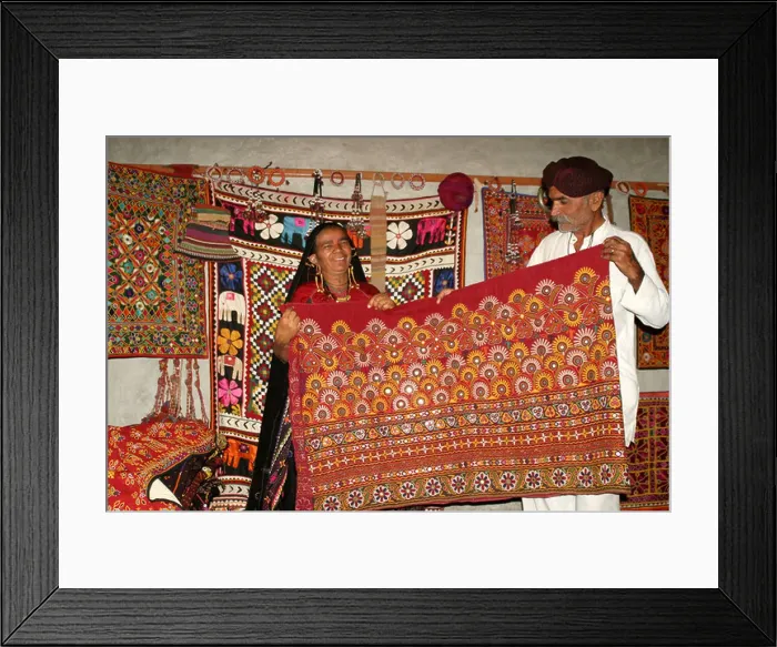 Framed Print : Example of traditional embroidery made by a member of the Rabari Tribe in `the Litttle Rann of Kutch, Gujarat, India Framed Print : Example of traditional embroidery made by a member of the Rabari Tribe in `the Litttle Rann of Kutch, Gujarat, India