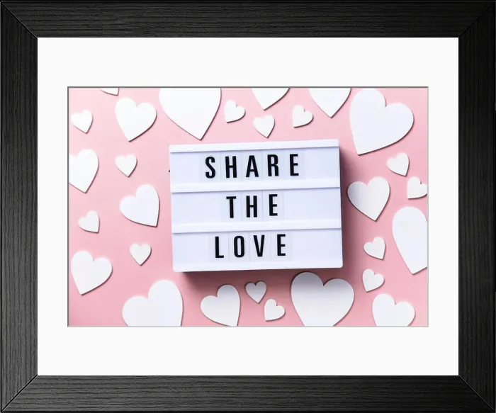 Framed Print : Share the Love lightbox message with white hearts on a pink background Framed Print : Share the Love lightbox message with white hearts on a pink background