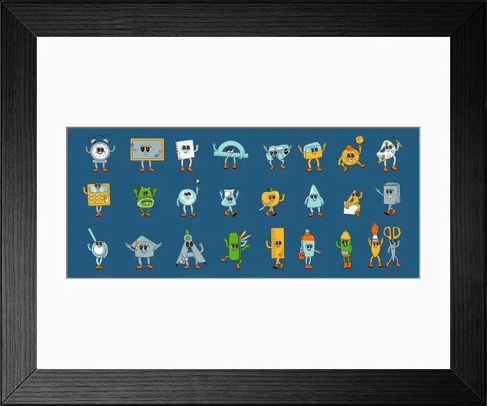 Framed Print : y2k school characters set. Collection of school groovy supplies with funny faces Framed Print : y2k school characters set. Collection of school groovy supplies with funny faces