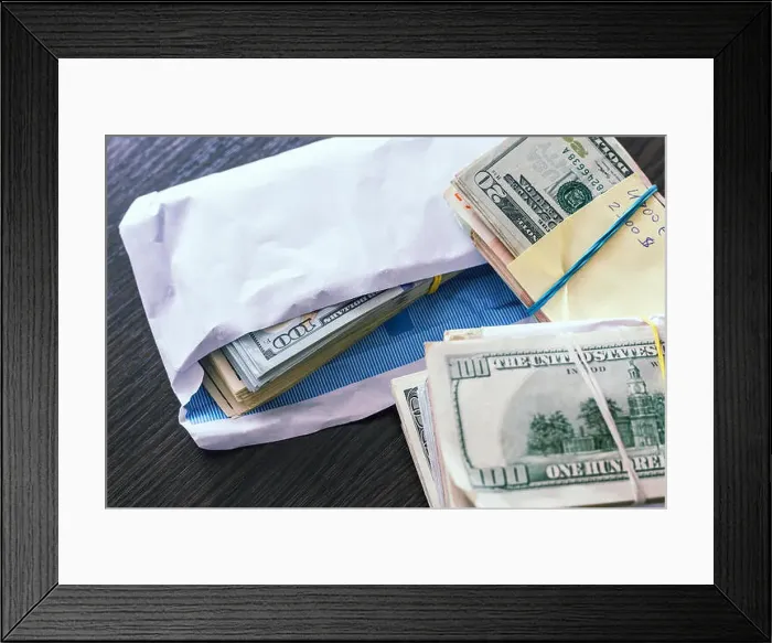 Framed Print : Bundle of american dollar banknotes in white envelope on wooden table Framed Print : Bundle of american dollar banknotes in white envelope on wooden table
