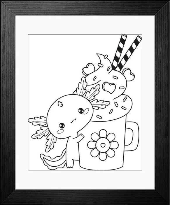 Framed Print : Outline Axolotl Hugging Mug Sweet Dessert with whipped cream Framed Print : Outline Axolotl Hugging Mug Sweet Dessert with whipped cream