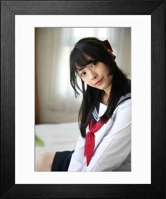 Framed Print : japanese school girl sitting on bedroom in white tone Framed Print : japanese school girl sitting on bedroom in white tone