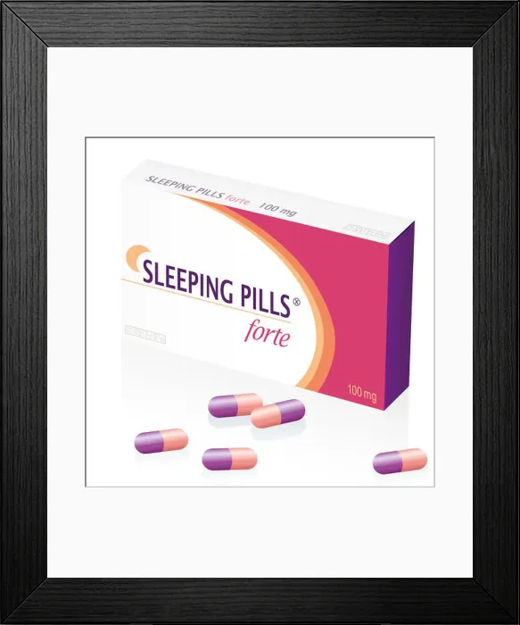 Framed Print : Sleeping pills packet, a medical fake product. Illustration over white background Framed Print : Sleeping pills packet, a medical fake product. Illustration over white background
