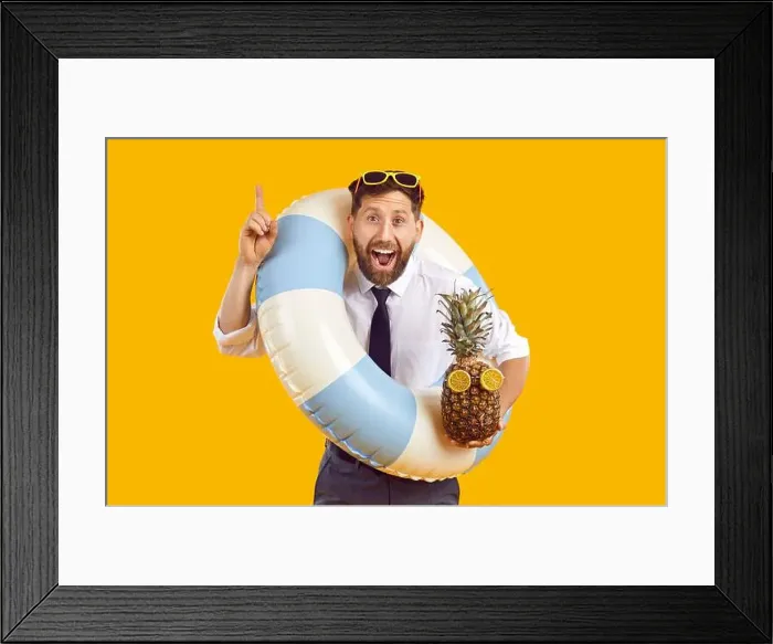 Framed Print : Happy man office wear, sun glasses with rubber inflatable ring, tropic fruit in summer holiday dream Framed Print : Happy man office wear, sun glasses with rubber inflatable ring, tropic fruit in summer holiday dream
