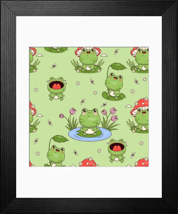 Framed Print : Seamless pattern with funny frogs on green background Framed Print : Seamless pattern with funny frogs on green background
