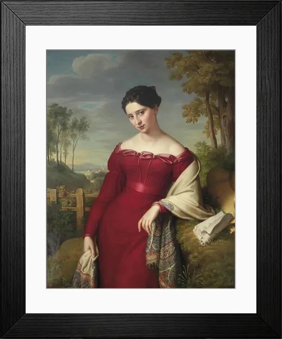 Framed Print : Leybold Eduard Friedrich - Portrait of a Young Lady in a Red Dress with a Paisley Shawl Framed Print : Leybold Eduard Friedrich - Portrait of a Young Lady in a Red Dress with a Paisley Shawl