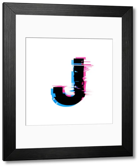 Framed Print : Letter J distorted neon glitch effect text font. 3D Render Framed Print : Letter J distorted neon glitch effect text font. 3D Render