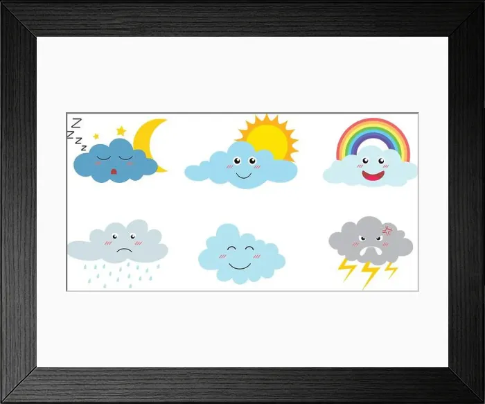 Framed Print : Collection of cute cloud cartoon emojis icon set with different expressions isolated on white background - Vector Framed Print : Collection of cute cloud cartoon emojis icon set with different expressions isolated on white background - Vector