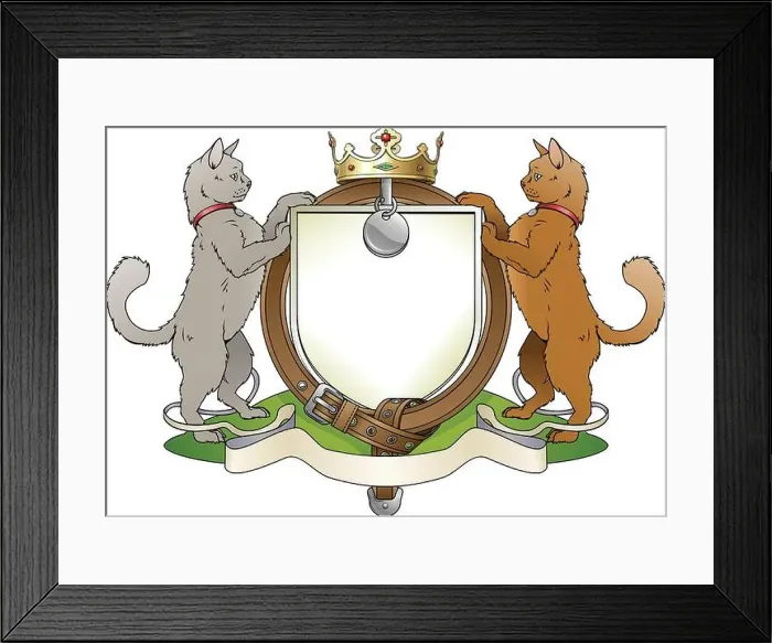 Framed Print : Cat pets heraldic shield coat of arms. Notice the collar instead of garter Framed Print : Cat pets heraldic shield coat of arms. Notice the collar instead of garter