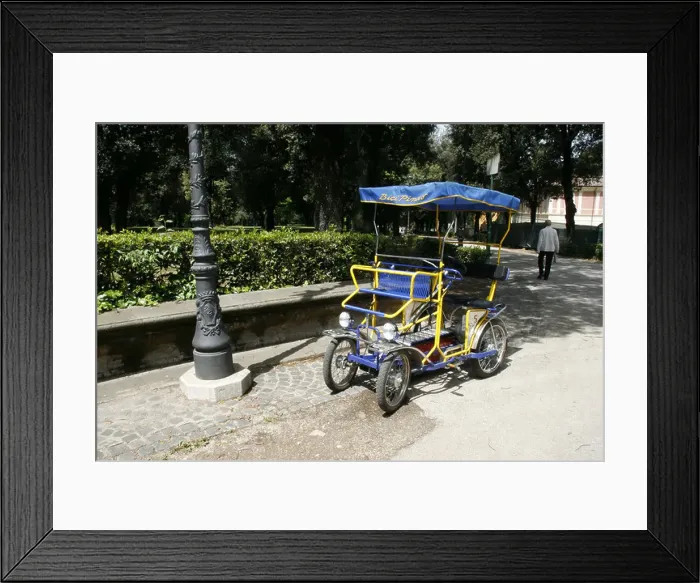 Framed Print : trike rickshaw in villa borghese park, rome italy Framed Print : trike rickshaw in villa borghese park, rome italy