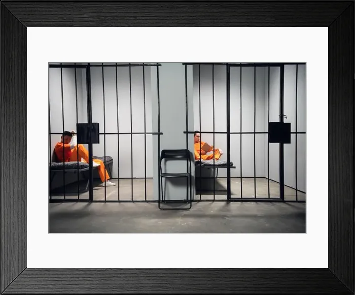 Framed Print : Prisoners in their cells are bored before lights out in prison. Read books. Symmetrical composition. Copy space Framed Print : Prisoners in their cells are bored before lights out in prison. Read books. Symmetrical composition. Copy space