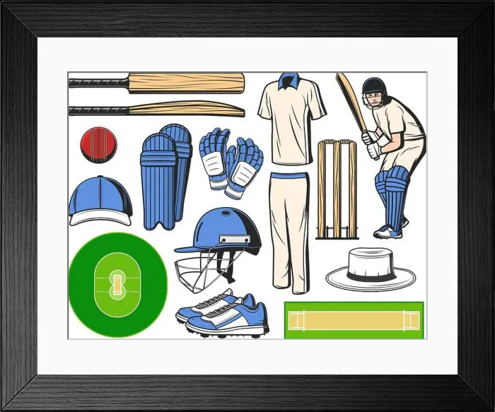 Framed Print : Cricket equipment, sport icons of ball Framed Print : Cricket equipment, sport icons of ball