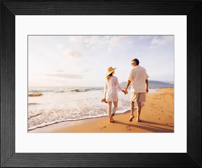 Framed Print : Happy Romantic Middle Aged Couple Enjoying Beautiful Sunset Walk on the Beach
