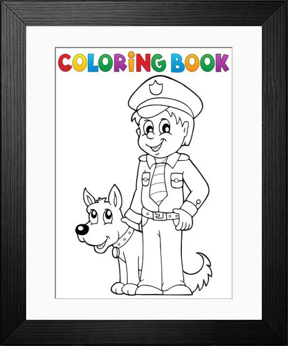 Framed Print : Coloring book policeman with guard dog Framed Print : Coloring book policeman with guard dog