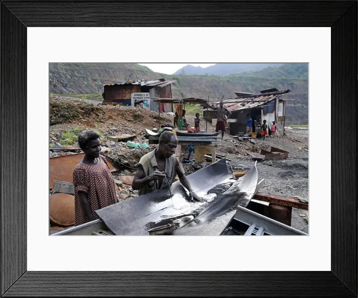 Framed Print : Family of the gold washers in the destroyed Panguna copper mine. Autonomous Region of Bougainville, Papua New Guinea Framed Print : Family of the gold washers in the destroyed Panguna copper mine. Autonomous Region of Bougainville, Papua New Guinea