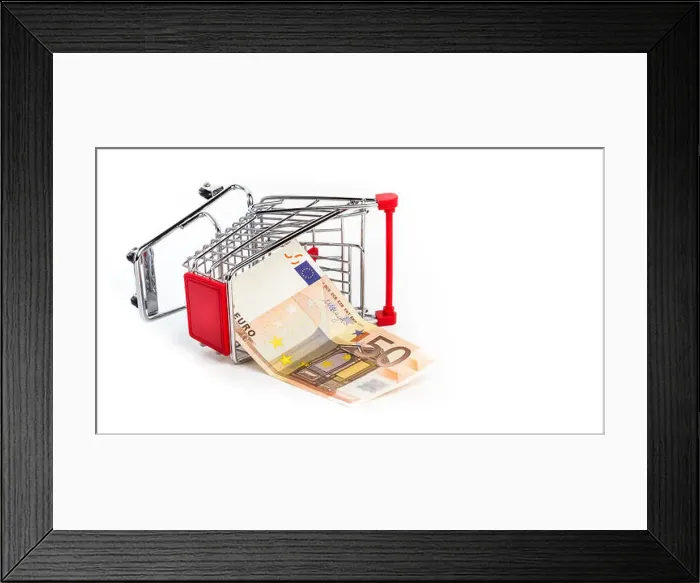 Framed Print : Shopping cart with 50 euro bill inside. Shopping cart is upturned, concept symbol of bankruptcy, crisis and other Framed Print : Shopping cart with 50 euro bill inside. Shopping cart is upturned, concept symbol of bankruptcy, crisis and other