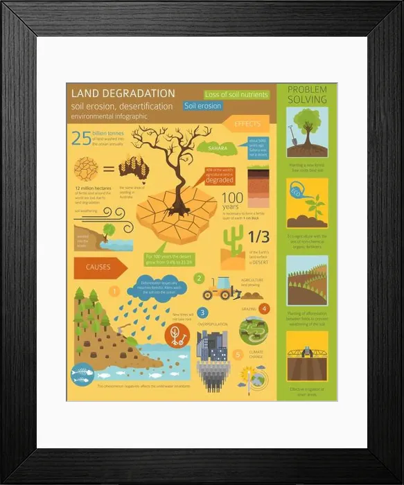 Framed Print : Global environmental problems. Land degradation infographic. Soil erosion, desertification. Vector illustration Framed Print : Global environmental problems. Land degradation infographic. Soil erosion, desertification. Vector illustration