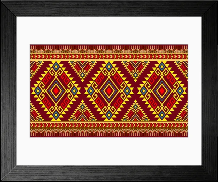 Framed Print : Red Yellow Green Symmetry Geometric Ethnic Seamless Pattern Design on Red Background. Eastern Embroidery Rhomboid Style Framed Print : Red Yellow Green Symmetry Geometric Ethnic Seamless Pattern Design on Red Background. Eastern Embroidery Rhomboid Style