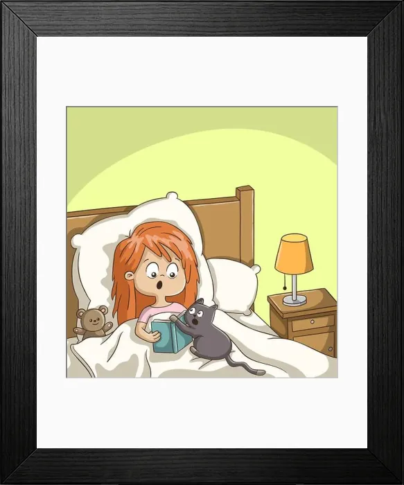 Framed Print : Girl reads a book in bed with cat. Hand drawn vector illustration with separate layers Framed Print : Girl reads a book in bed with cat. Hand drawn vector illustration with separate layers