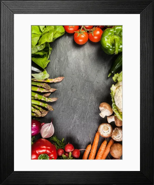 Framed Print : Frame or border of assorted farm fresh vegetables on slate with copyspace including carrots Framed Print : Frame or border of assorted farm fresh vegetables on slate with copyspace including carrots