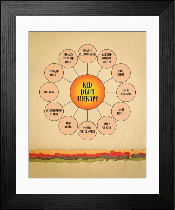 Framed Print : benefits of red light therapy - mind map infographics diagram on art paper Framed Print : benefits of red light therapy - mind map infographics diagram on art paper