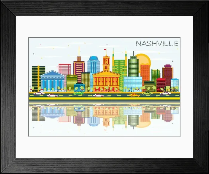 Framed Print : Nashville Skyline with Color Buildings Framed Print : Nashville Skyline with Color Buildings