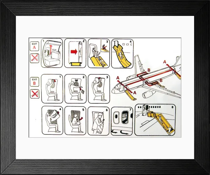 Framed Print : Passenger safety instructions of a plane Framed Print : Passenger safety instructions of a plane