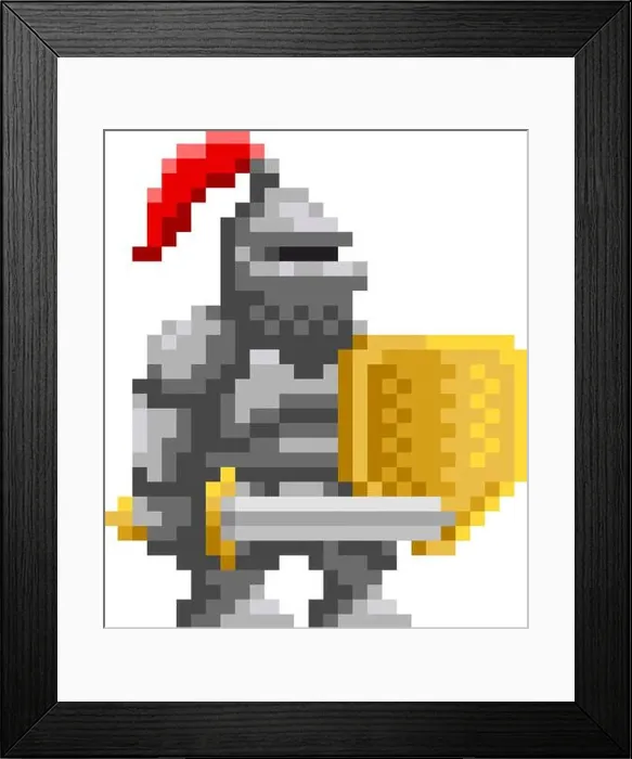 Framed Print : Medieval knight with sword and shield pixel art. Retro video-game character. Cartoon vector illustration Framed Print : Medieval knight with sword and shield pixel art. Retro video-game character. Cartoon vector illustration