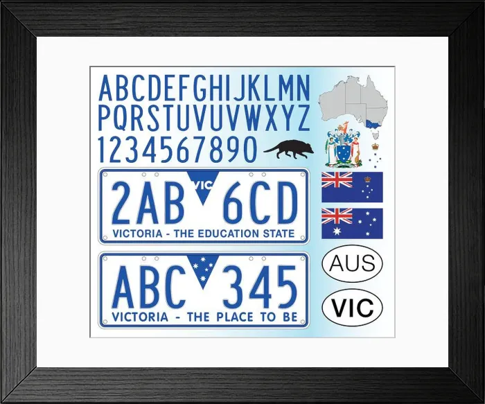Framed Print : Victoria State australian car license plate pattern, letters, numbers and symbols, vector illustration, Australia Framed Print : Victoria State australian car license plate pattern, letters, numbers and symbols, vector illustration, Australia
