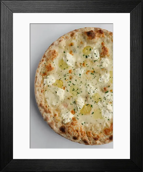Framed Print : Gourmet Pizza with potato and cheese (fior di latte) Isolated on white plate and white background Framed Print : Gourmet Pizza with potato and cheese (fior di latte) Isolated on white plate and white background
