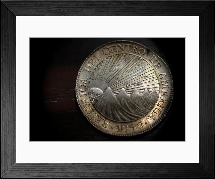 Framed Print : Lustrous Central American Republic 8 Reales 1842 / 37 - Radiant Sun over 4 Volcanoes Obverse