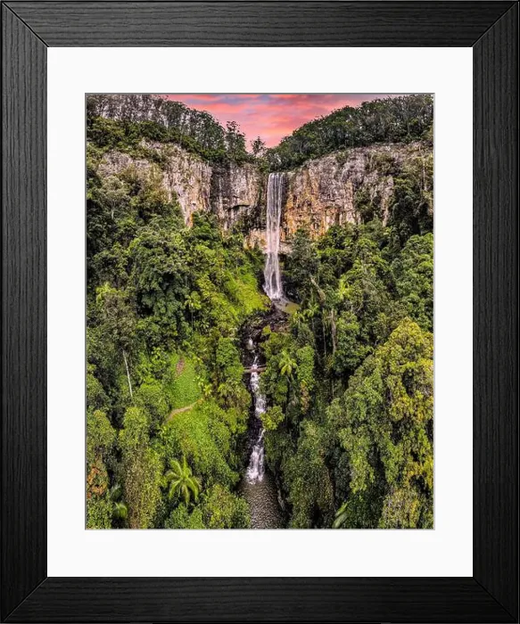 Framed Print : Stunning landscape view in Springbrook National Park at sunset with cascading Purling Brook Falls in view Framed Print : Stunning landscape view in Springbrook National Park at sunset with cascading Purling Brook Falls in view