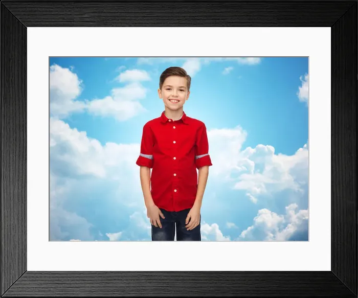 Framed Print : happy boy in red shirt over blue sky Framed Print : happy boy in red shirt over blue sky