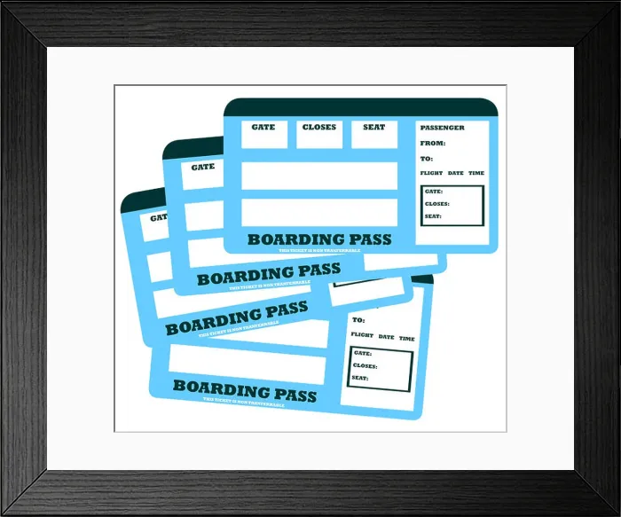 Framed Print : Set of four family flight tickets with copy space, isolated on white background Framed Print : Set of four family flight tickets with copy space, isolated on white background