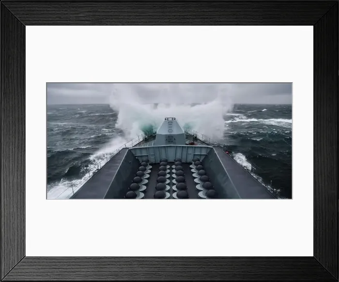 Framed Print : A Royal Navy Type 23 frigate in stormy weather viewed from the ships bridge Framed Print : A Royal Navy Type 23 frigate in stormy weather viewed from the ships bridge