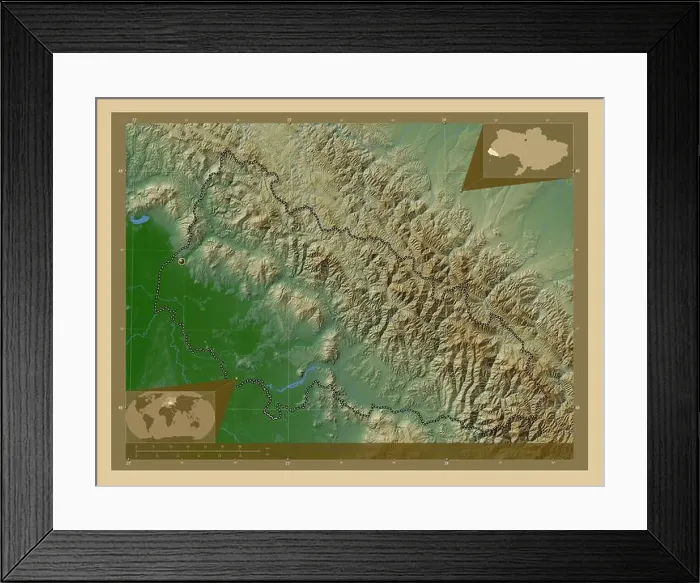Framed Print : Transcarpathia, region of Ukraine. Colored elevation map with lakes and rivers. Corner auxiliary location maps Framed Print : Transcarpathia, region of Ukraine. Colored elevation map with lakes and rivers. Corner auxiliary location maps