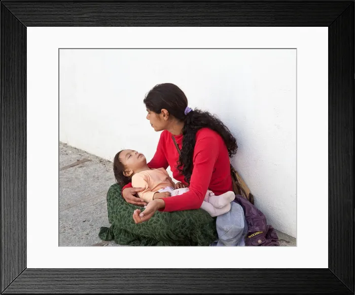 Framed Print : Mother begging with child